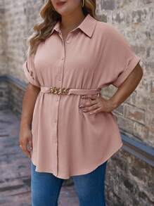 SHEIN Frenchy Plus Solid Button Front Batwing Sleeve Belted Shirt - Coral Pink - View 6