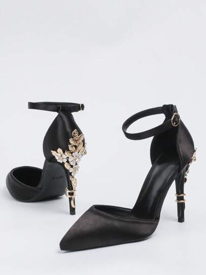 Sexy European And American Style Women's Shoes, Fashionable Metallic Floral Design Stiletto Heels, Pointed Toe Sandals With Ankle Strap, Ladies' High Heel Pumps