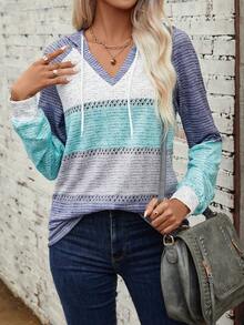 SHEIN LUNE Capucha de color combinado de manga raglán con cordón - Multicolor - Ver 4