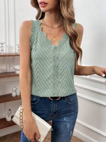 SHEIN Frenchy Đồ trang trí Lace hoa văn Cami ngọn - màu xanh lá - Xem 4
