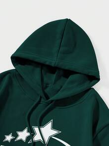 Men Letter Graphic Kangaroo Pocket Drawstring Thermal Hoodie - Dark Green - View 3