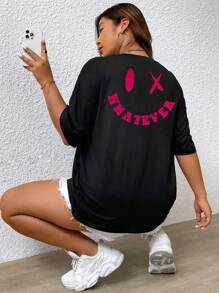 Flirla Plus Letter Graphic Drop Shoulder Tee - Black - View 1