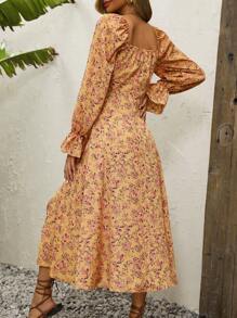 SHEIN LUNE 碎花荷葉袖前打結高衩洋裝 - 彩色 - 查看 2
