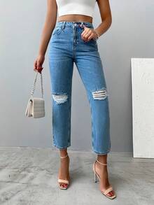 EURMUSE Jeans de pierna recta de talle alto desgarro - Lavado ligero - Ver 5