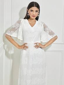 Modelyn Fringe Trim Butterfly Sleeve Lace Dress - White - View 5