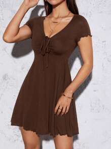 SHEIN PETITE Drawstring Front Lettuce Trim Summer Women Outfit Dress