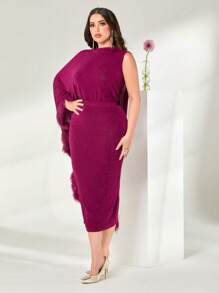 Modelyn Fringe Trim Batwing Sleeve Top & Pencil Skirt - Red Violet - View 6