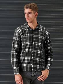 SHEIN Cottnline Men Plaid Print Button Front Shirt - Black and White - View 4