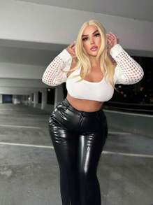 SHEIN SXY 大碼素色網眼針織短款開衫 - 白色 - 查看 5