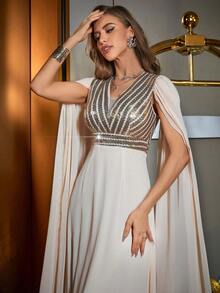 Contrast Sequin Cloak Sleeve Chiffon Formal Dress - Apricot - View 6
