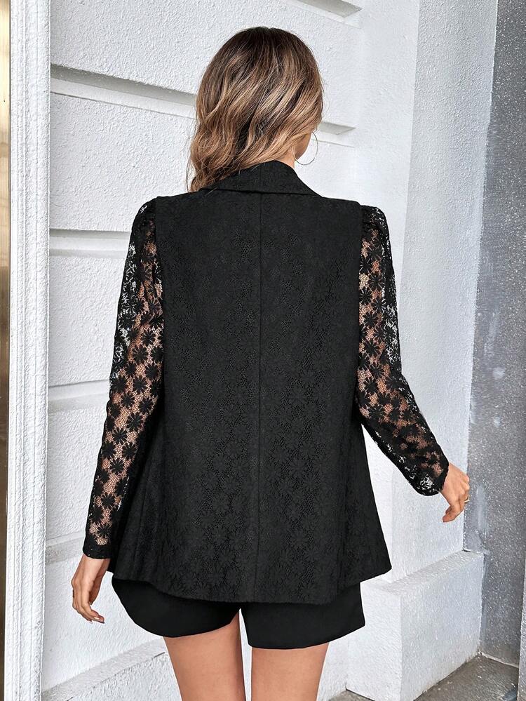 1pc Contrast Lace Shawl Collar Open Front Blazer