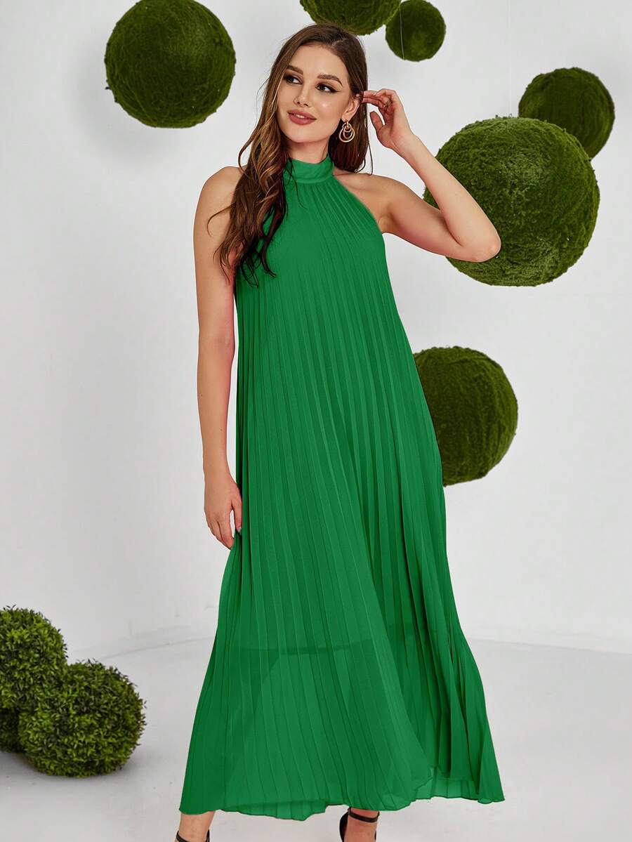 Solid Pleated Halter Dress - Green - View 1