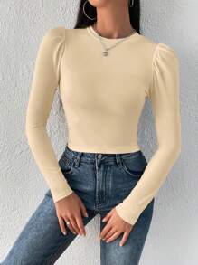 SHEIN Privé Chất rắn Ống tay áo Áo thun - Màu be - Xem 3