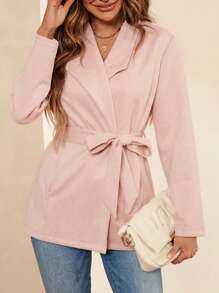 SHEIN Clasi Solid Belted Open Front Coat - Baby Pink - View 3