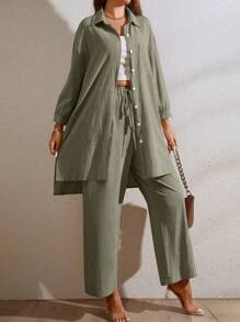 SHEIN LUNE 落肩袖下擺開叉襯衫&闊腿褲 - 軍綠色 - 查看 3