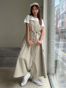 DAZY 素色腰部抽繩側口袋背帶裙不帶T恤 - 卡其色 - 查看 9