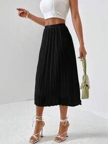 SHEIN Privé Falda unicolor bajo fruncido - Negro - Ver 3
