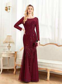 XUIBOL Elegante vestido de cola de sirena con mangas largas, cuello redondo, bordado de lentejuelas y malla para mujer. Vestido de fiesta ajustado adecuado para cóctel, boda, aniversario, cena formal familiar, celebración de cumpleaños, vestido de lujo para madre de la novia - Burdeos - Ver 6