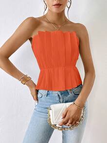 SHEIN Privé 素色百褶抹胸上衣 - 橘色 - 查看 5