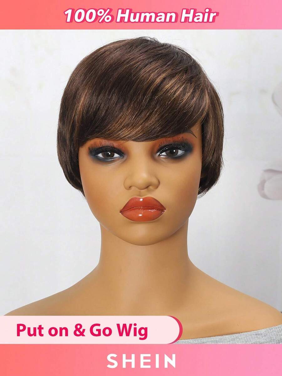 150 Density Short Straight Pixie Cut With Bangs Human Hair Wigs Piano