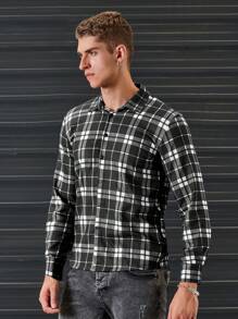 SHEIN Cottnline Men Plaid Print Button Front Shirt - Black and White - View 6