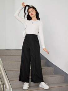 少女仿口袋喇叭阔腿优雅休闲裤 - 黑色 - 查看 4