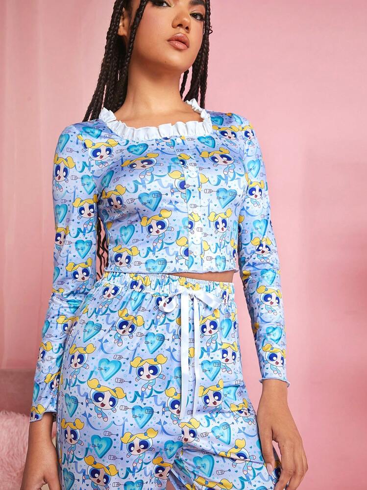THE POWERPUFF GIRLS X SHEIN 1 pieza Conjunto de pijama con estampado de dibujos animados ribete con fruncido - Multicolor - Ver 5