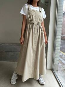 DAZY 素色腰部抽繩側口袋背帶裙不帶T恤 - 卡其色 - 查看 6