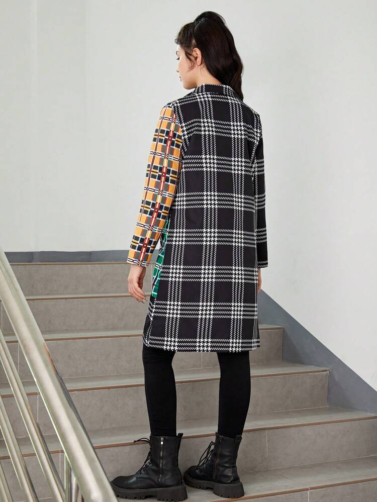 Teen Girls Plaid Print Lapel Neck Coat