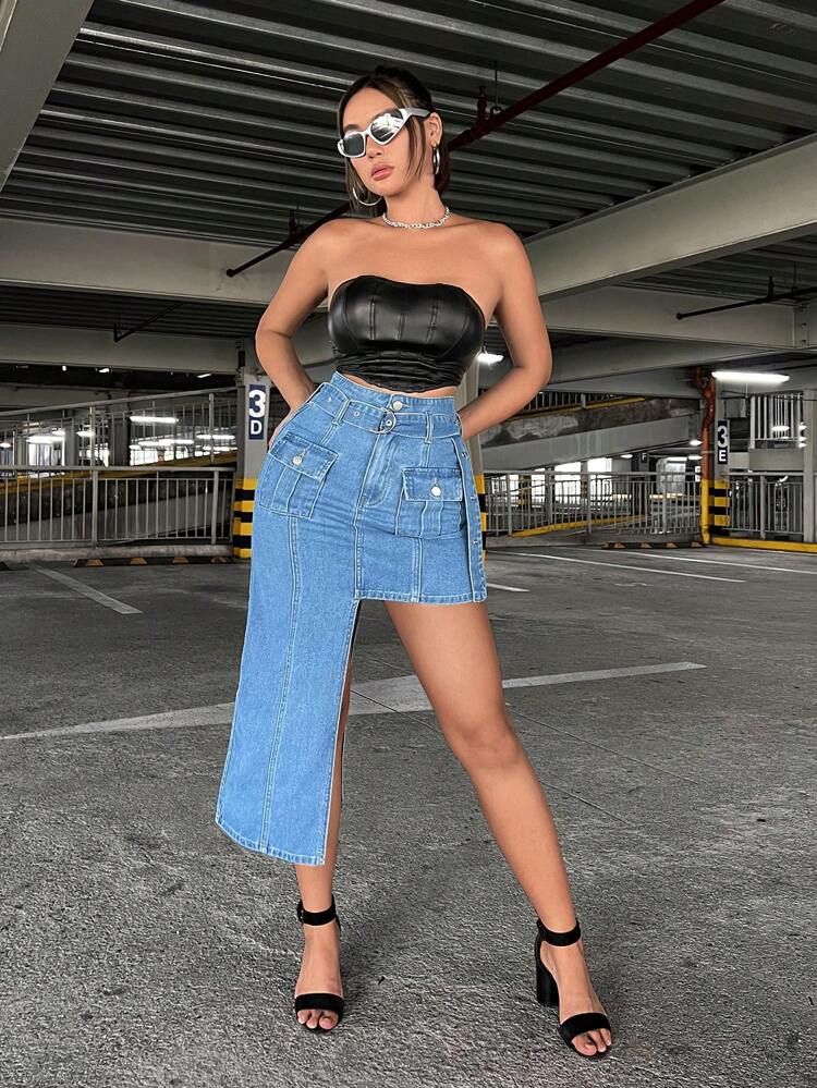 Flap Pocket Asymmetrical Hem Denim Skirt