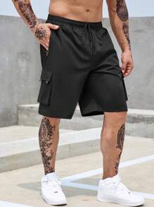 Manfinity Homme 男式加大翻盖口袋侧抽绳腰工装短裤外出纯黑色工装短裤，适合丈夫、男朋友的礼物 - 黑色 - 查看 4
