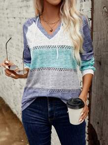 SHEIN LUNE Capucha de color combinado de manga raglán con cordón - Multicolor - Ver 1