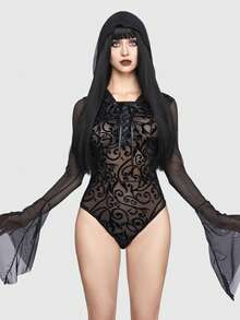 ROMWE Goth 滿版圖案荷葉袖網紗性感緊身連體衣