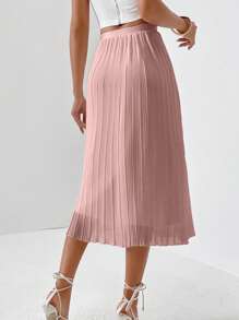 SHEIN Privé Solid Pleated Hem Skirt - Pink - View 6