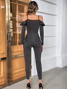 SHEIN Privé 挖肩荷葉邊金屬亮絲彈力緊身連體褲 - 深灰色 - 查看 2