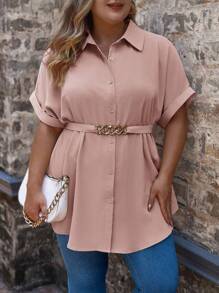 SHEIN Frenchy Plus Solid Button Front Batwing Sleeve Belted Shirt - Coral Pink - View 1