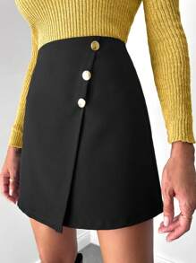 EURMUSE Wrap Front Zipper Back Skirt - Black - View 6