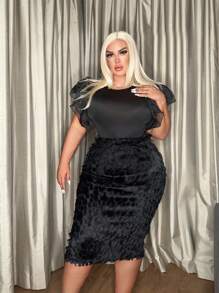 SHEIN SXY Plus High Waist Velvet Pencil Skirt - Black - View 4