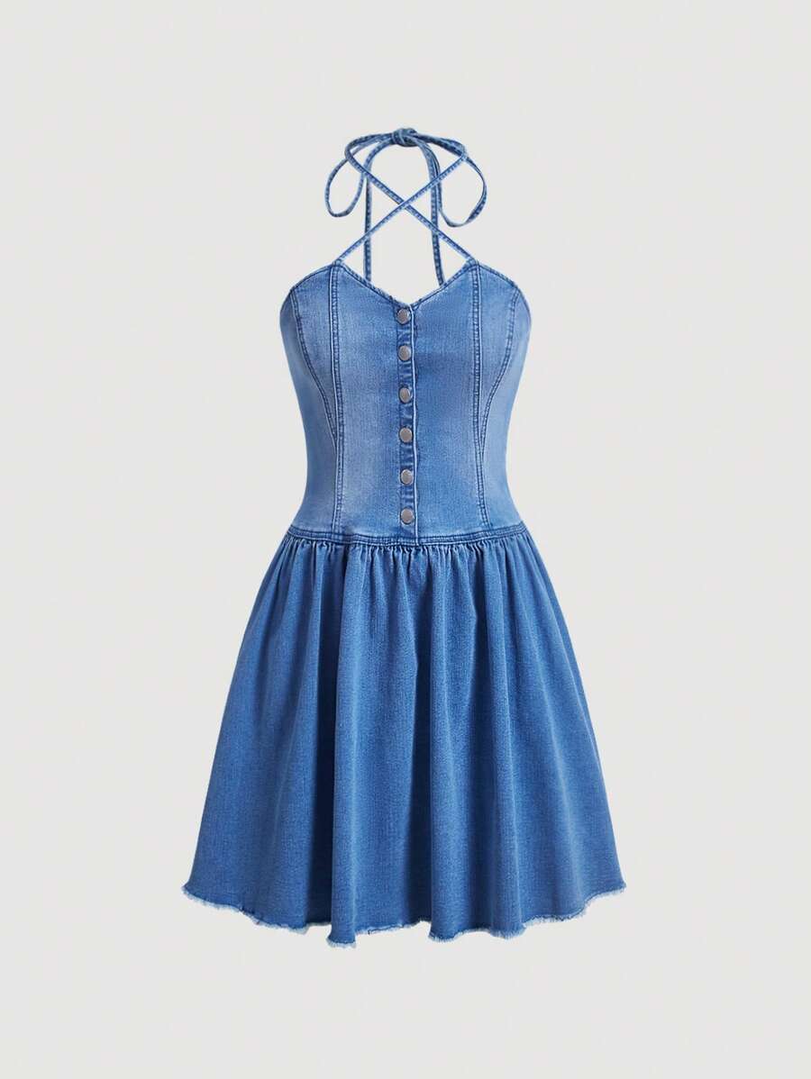 SHEIN MOD Button Front Denim Halter Dress - Light Wash - View 1