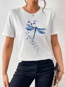 SHEIN LUNE Simple Style Dragonfly Printed Round Neck Short Sleeve Women's Casual T-Shirt - White - View 4