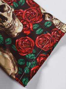 Men Skull & Floral Print Shirt Without Tee, For Halloween - Red - View 5