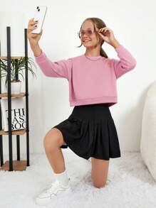 RueChic Teen Girl Letter Patched Drop Shoulder Pullover - Pink - View 3