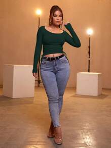 RueChic Drawstring Side Scoop Neck Tee - Dark Green - View 5