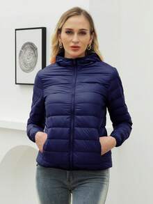 ZIAI Women Lightweight Short Hooded Down Jacket - Navy Blue - View 3