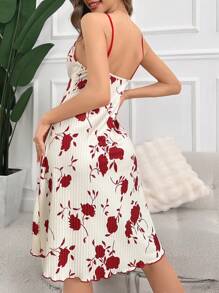 Floral Print Tie Front Lettuce Trim Cami Pajama Nightdress Perfect For Summer - Multicolor - View 2