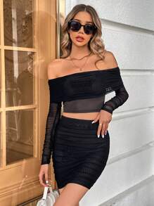 SHEIN Privé Off Shoulder Xù Lớp phủ lưới Top Cây trồng & Váy bodycon - màu đen - Xem 4