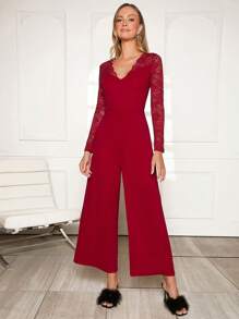 SHEIN Privé 1 Miếng Ren tương phản Áo liền quần ống rộng - Màu Đỏ Sâu - Xem 1
