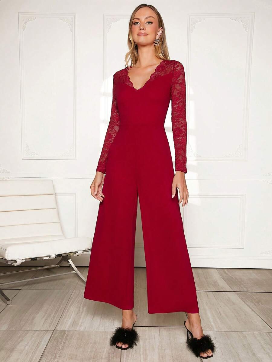 SHEIN Privé 1 Miếng Ren tương phản Áo liền quần ống rộng - Màu Đỏ Sâu - Xem 1