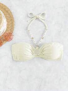 SHEIN Swim 環鏈繞頸珍珠串珠比基尼泳裝上衣 - 米色 - 查看 4