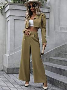 SHEIN Clasi Chất rắn Nút phía trước Áo Jacket Crop & Quần ống rộng - Màu Khaki - Xem 5